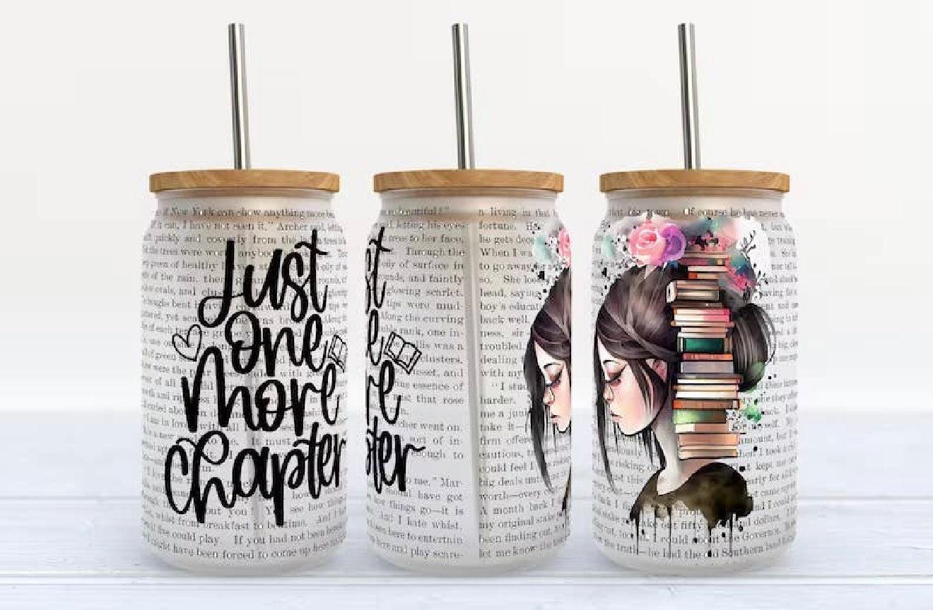 Just One More Chapter Glass Can Cup | Bookish Iced Coffee Glass with Bamboo Lid & Straw | Reader Aesthetic Cup