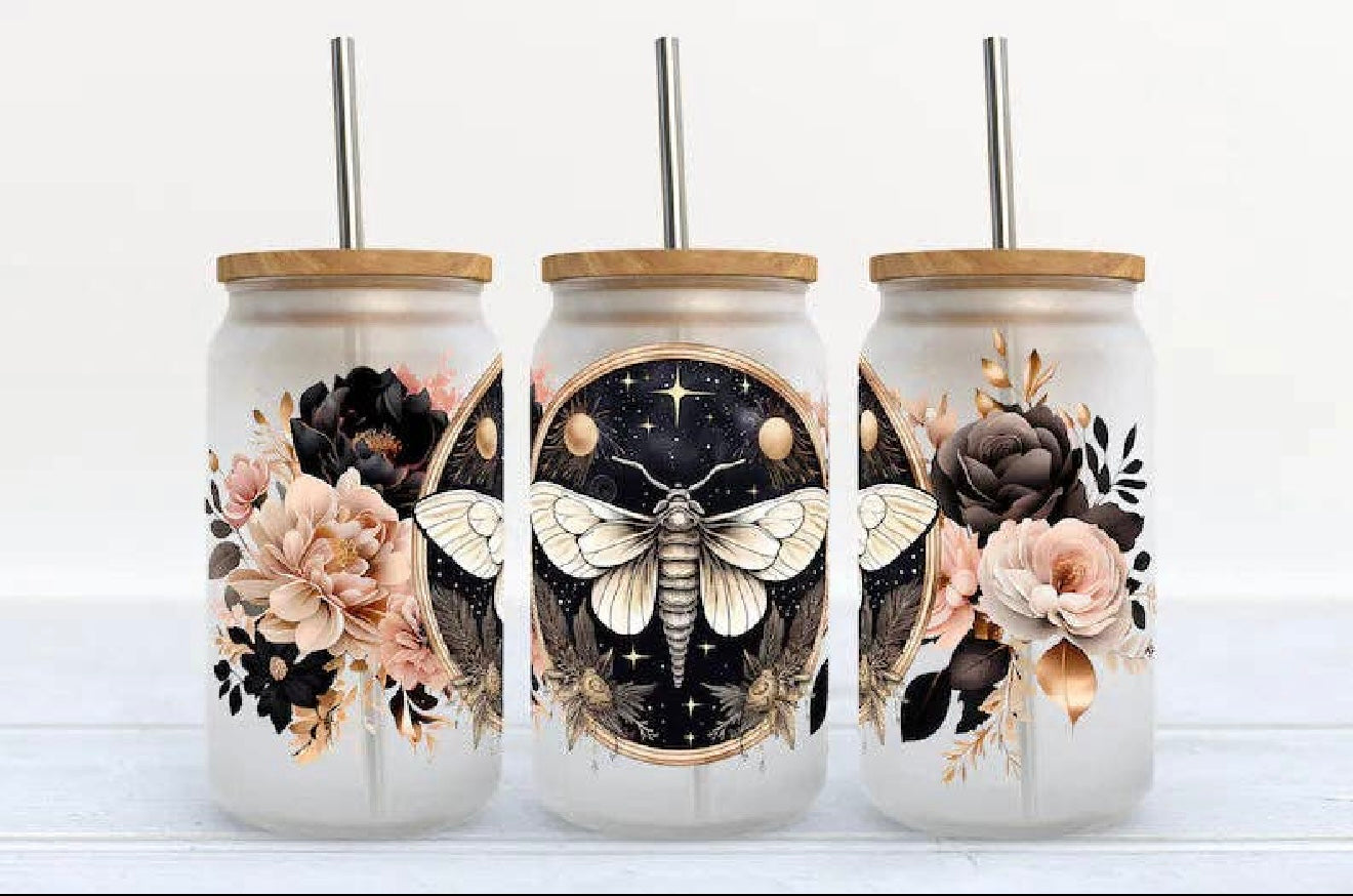 Dark Floral Moth Glass Can Cup | Gothic Aesthetic Iced Coffee Glass with Bamboo Lid & Straw