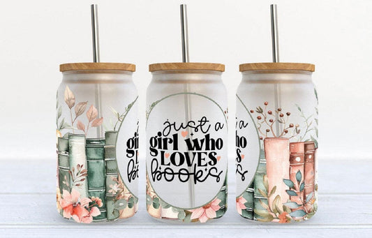 Just a Girl Who Loves Books Glass Can Cup | Bookish Iced Coffee Glass with Bamboo Lid & Straw | Cozy Reader Gift