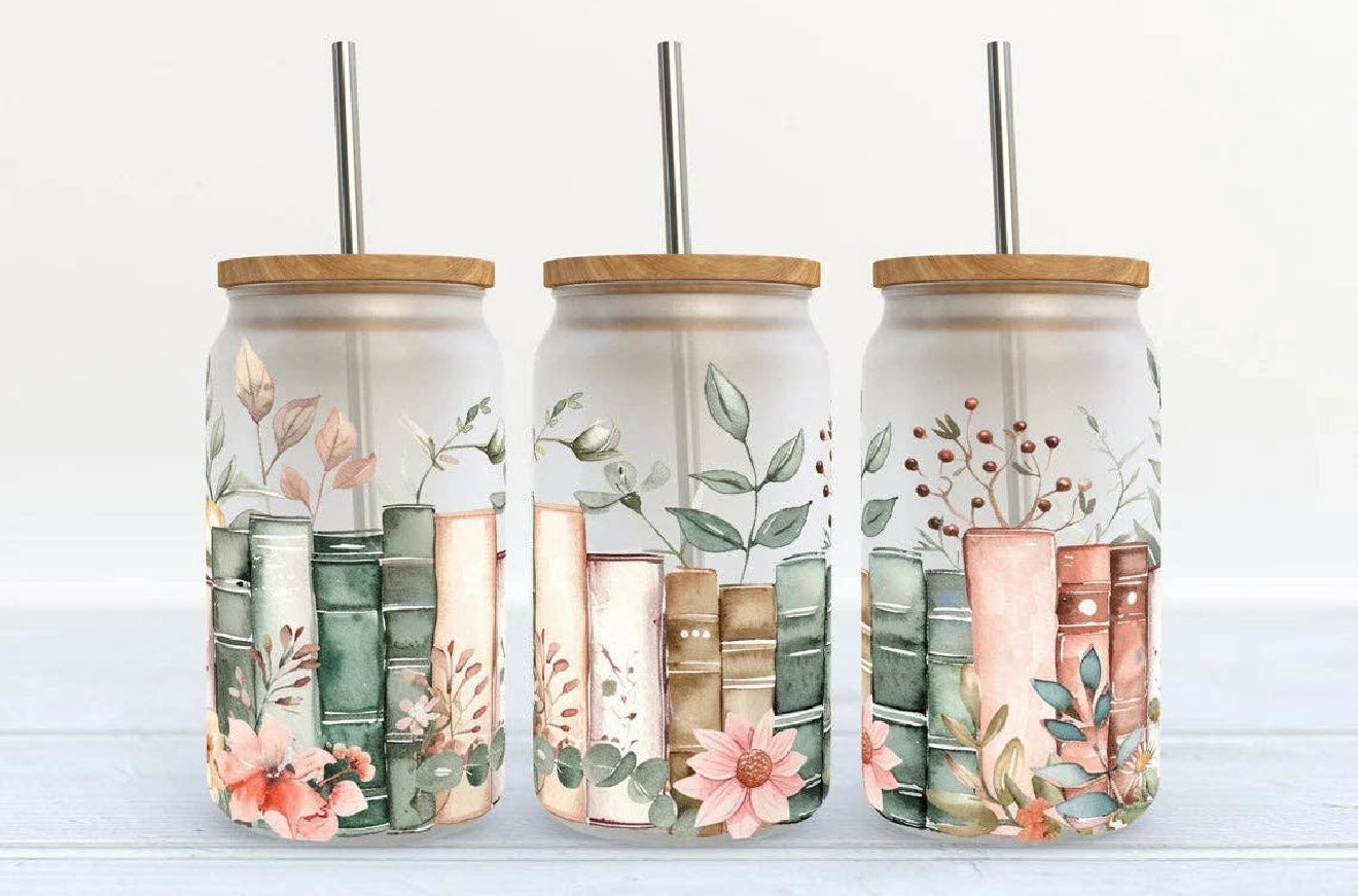 Floral Books Glass Can Cup | Aesthetic Bookish Iced Coffee Glass with Bamboo Lid & Straw | Cozy Reader Cup