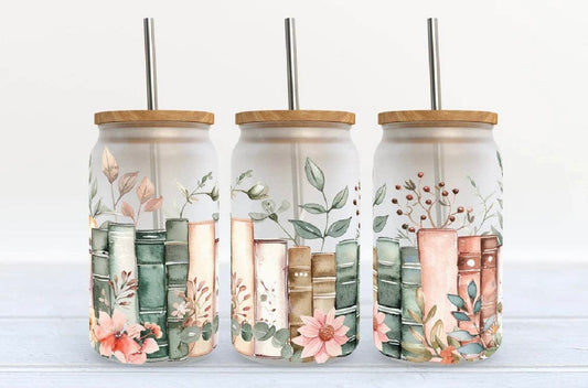 Floral Books Glass Can Cup | Aesthetic Bookish Iced Coffee Glass with Bamboo Lid & Straw | Cozy Reader Cup