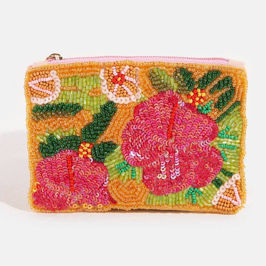 Floral Sequin And Seed Beaded Coin Purse